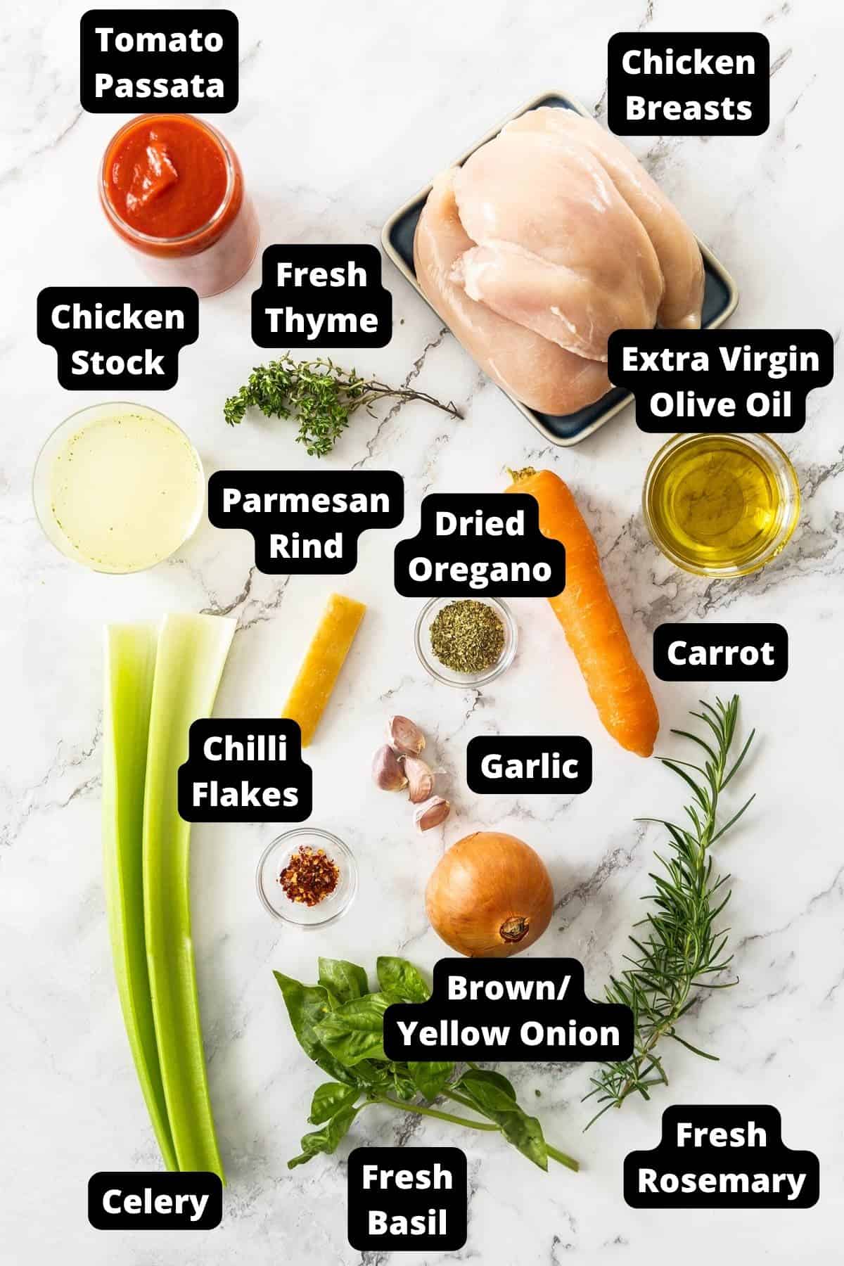 Ingredients in this recipe on a white marble background.