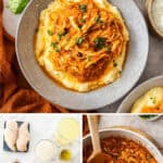 Pinterest image with photos of Mediterranean Pulled Chicken.