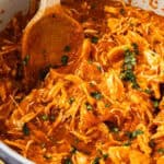 Pinterest image with photo of Mediterranean Pulled Chicken.