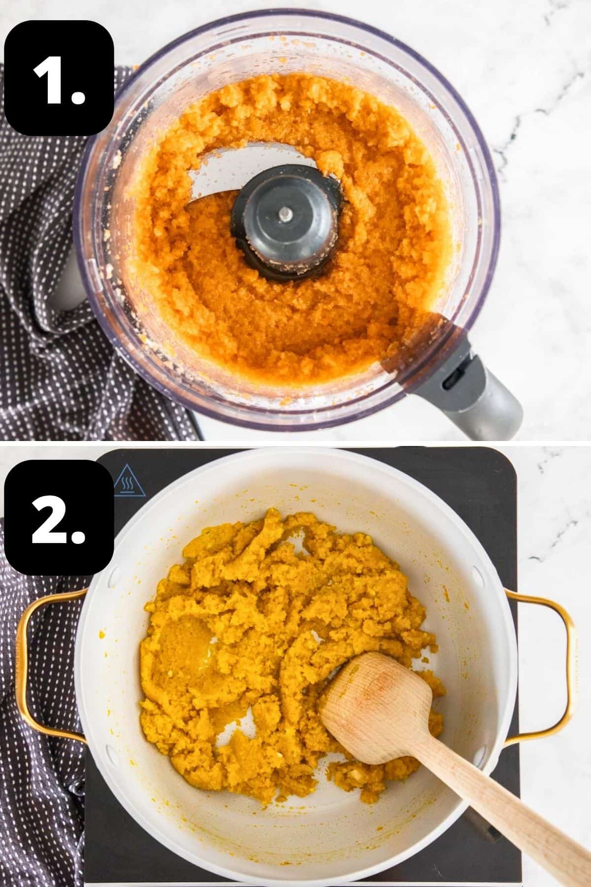 Steps 1-2 of preparing this recipe: the blended vegetables in a food processor and cooking them down in a pot.