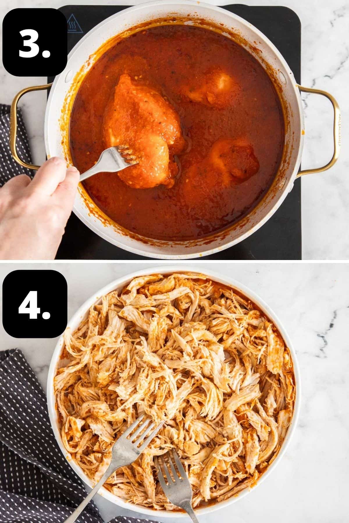 Steps 3-4 of preparing this recipe: cooking the chicken in the tomato broth and shredding the cooked chicken with two forks.