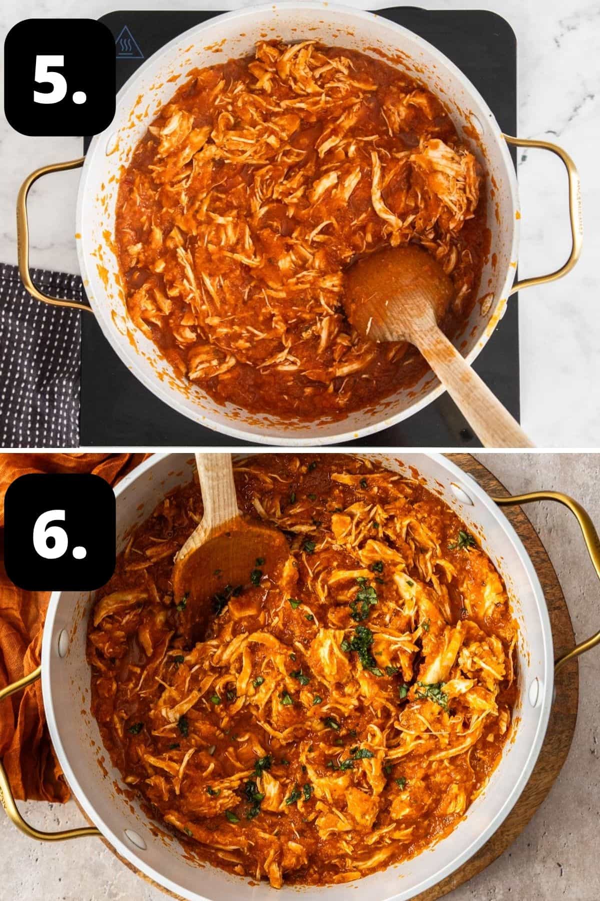 Steps 5-6 of preparing this recipe: the shredded chicken in the tomato broth and serving the dish with some basil.