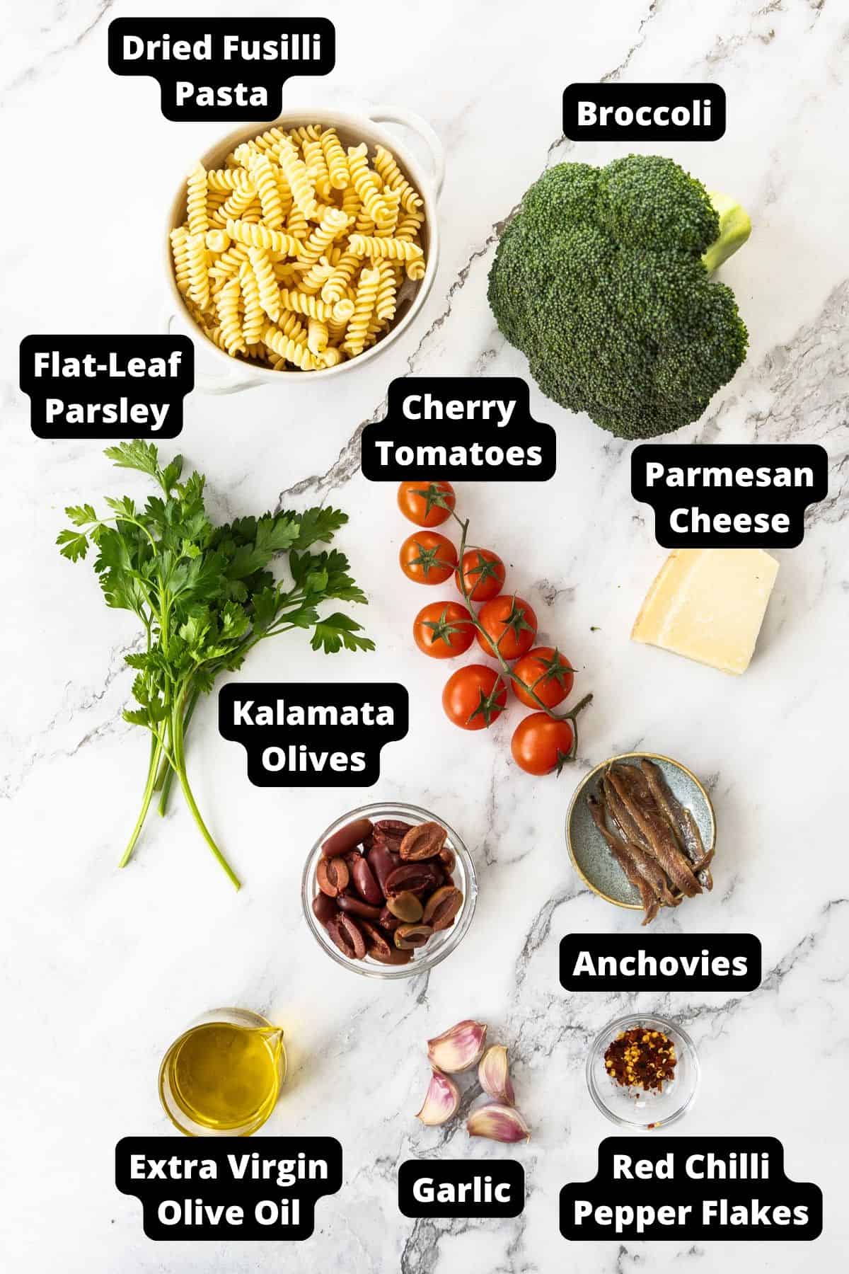 Ingredients in this recipe on a white marble background.