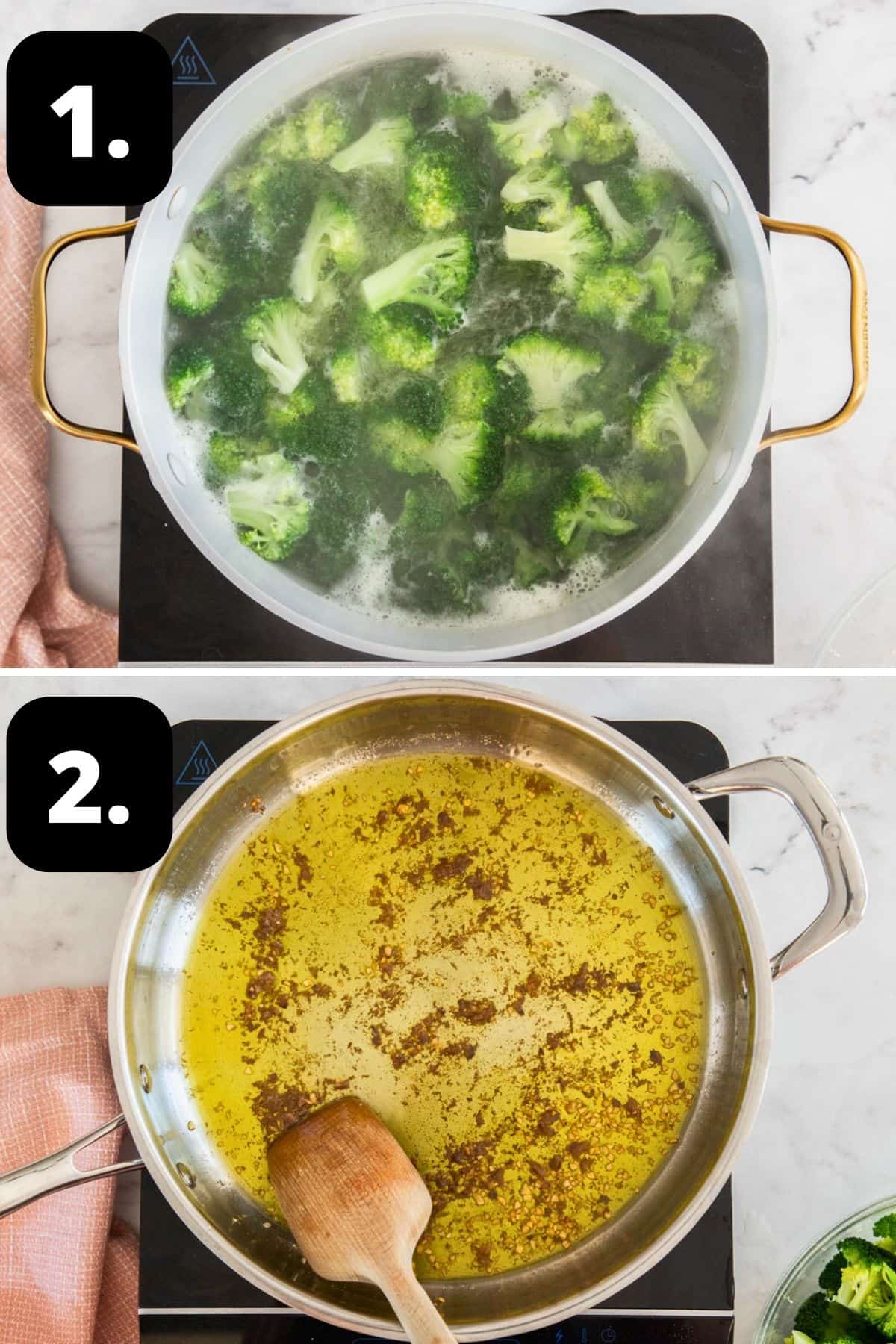Steps 1-2 of preparing this recipe: par cook the broccoli before adding the pasta and melting the anchovies in the oil.