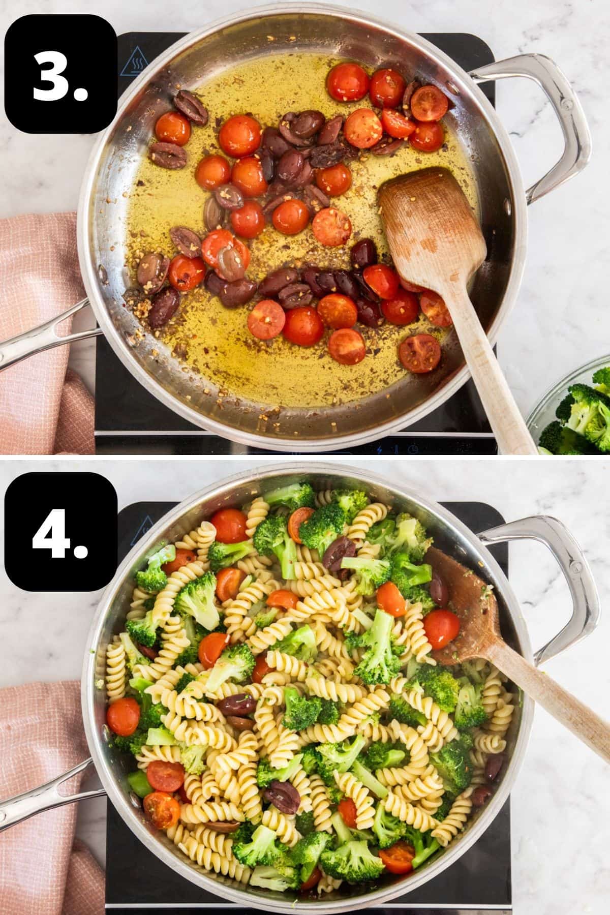 Steps 3-4 of preparing this recipe: the tomatoes and olives in the pan and the pasta and broccoli tossed through.